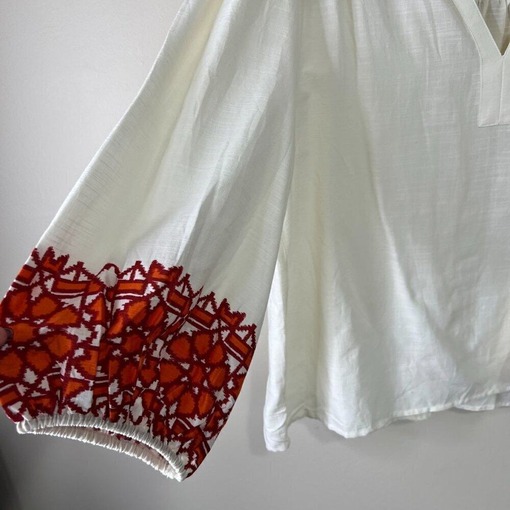 Knox Rose Abstract Print Woven Top Size L Cream Balloon 3/4 Sleeve V Neck - Picture 3 of 6